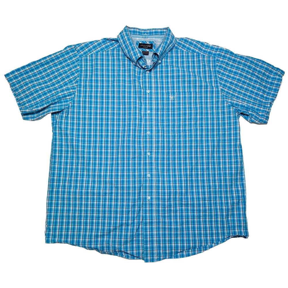 ARIAT Pro Series Button Down Mens XXL Blue Plaid Excellent Short Sleeve Shirt